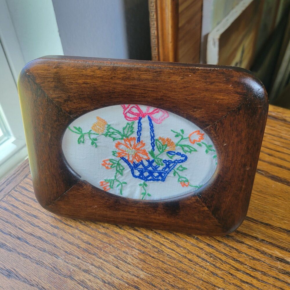 Vintage Small Oval Flowers In Basket Embroidery Linen in solid wood frame